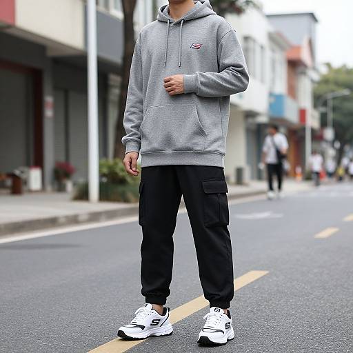 Photograph of a person standing on an urban street, wearing a gray hoodie, black pants, and white sneakers, with buildings blurred in the background.