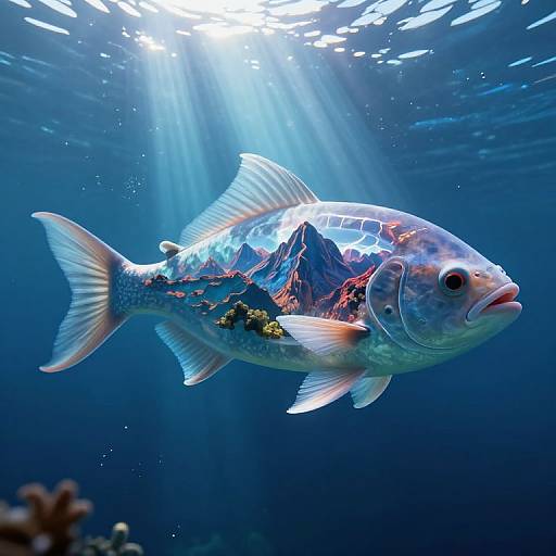 Photograph of a vibrant, sunlit blue fish with translucent scales, coral-covered body, and pinkish fins, swimming in a deep, clear ocean