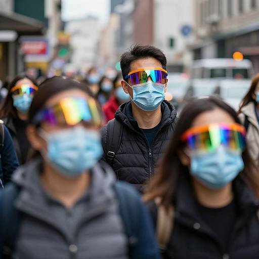 Photograph of a crowded city street with people wearing blue masks and colorful reflective sunglasses, blurred background, daytime, urban setting.