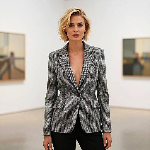 Photograph of a blonde woman with short hair, wearing a black-and-white checkered blazer with a deep V-neck, standing in a blurred,