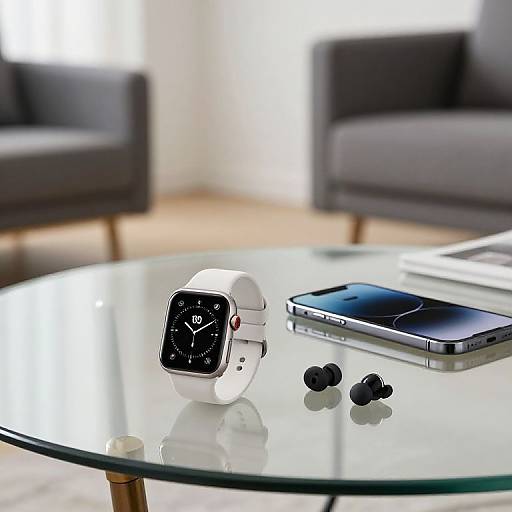 Photograph of a modern living room with a glass coffee table holding a white smartwatch, black earbuds, and a smartphone, against a blurred