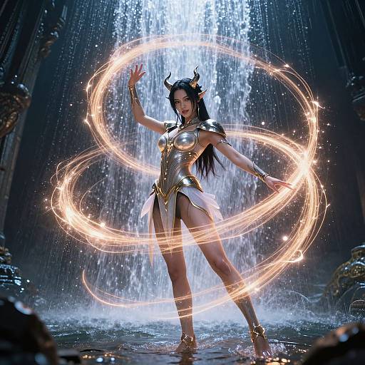 Digital artwork of a dark-haired, horned female warrior in gold armor, creating glowing, circular fire rings in front of a cascading waterfall.