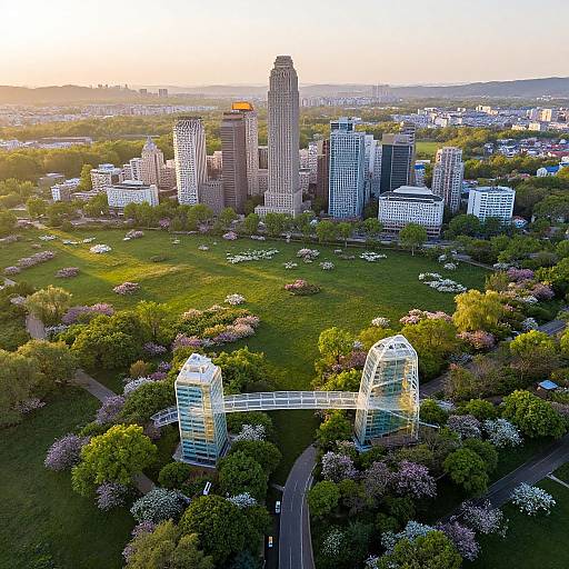 Aerial photograph of a modern cityscape at sunset, featuring glass skyscrapers, a green park with flowering trees, and a futuristic glass pedestrian bridge