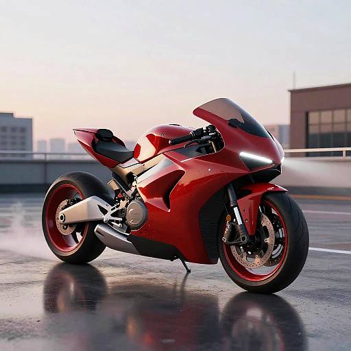 Photograph of a sleek, red sports motorcycle with black accents and red wheels, parked on a wet, reflective rooftop at sunset.