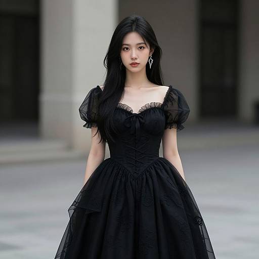 Photograph of an East Asian woman with long black hair, wearing a gothic black dress with sheer puffed sleeves, standing in an urban outdoor setting