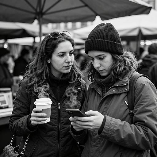 Black-and-white photograph of two women in winter jackets and beanies, one holding a coffee cup, the other focusing on a smartphone at an outdoor market