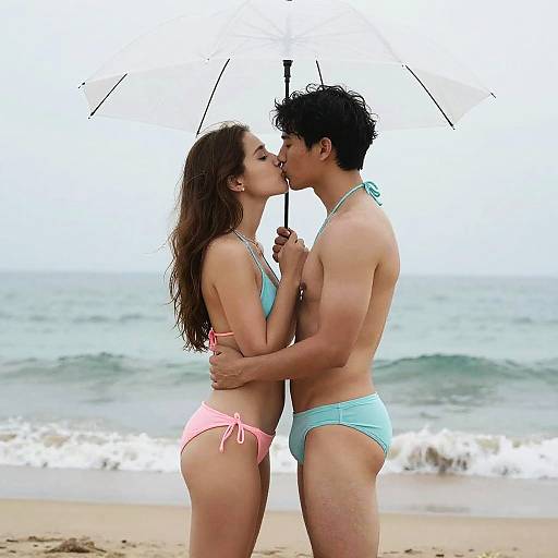 Photograph of a young couple kissing on a beach; she wears a pink bikini, he wears blue, standing under a black umbrella.