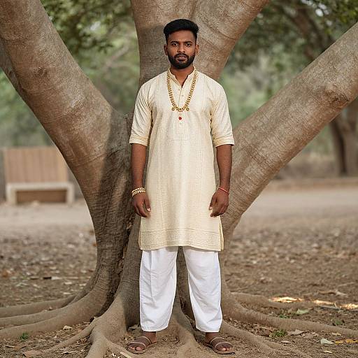 Photograph of a bearded South Asian man with dark skin, black hair, wearing a cream kurta, white pants, and gold jewelry, standing