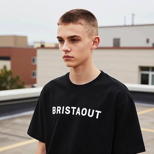 Photograph of a young white man with short brown hair, wearing a black t-shirt with 