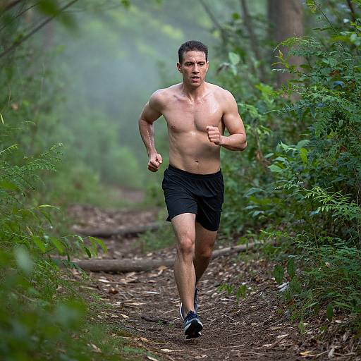 Shirtless Man Jogging in Forest Trail
