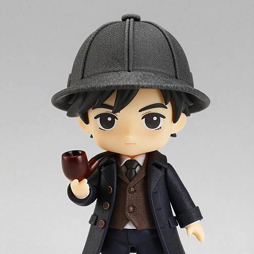 Chibi-style LEGO figure of a detective with black hat, dark suit, brown vest, black tie, holding a brown pipe. Plain white background.