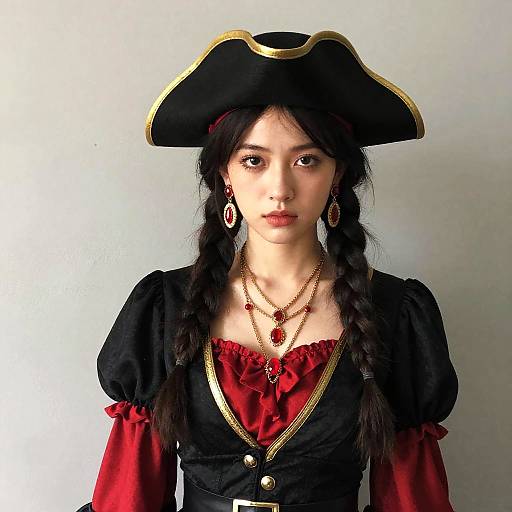 Photograph of a young woman in a black pirate costume with gold trim, red sleeves, and hat, braided hair, gold earrings, and neck
