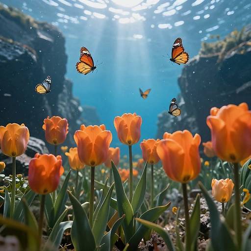 Photograph of underwater scene with vibrant orange tulips, six orange and black butterflies, sunlight filtering from above, and rocky background.
