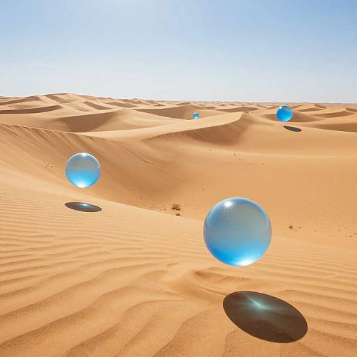 Photograph of a desert with golden sand dunes, featuring five floating, translucent blue orbs and one dark gray orb, under a clear, bright blue