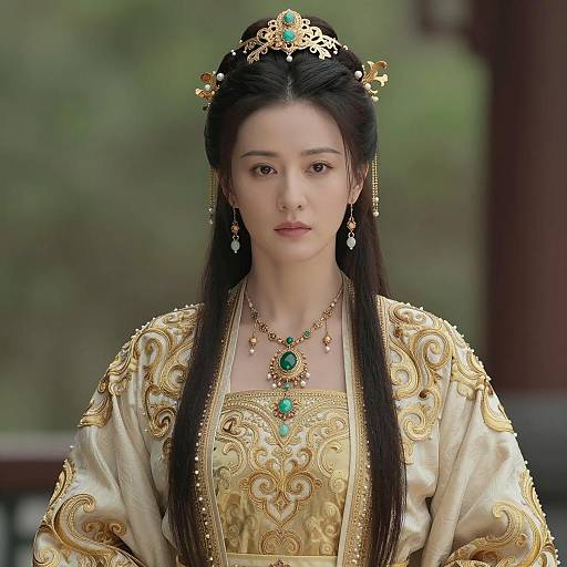 Regal Asian Woman in Traditional Gold Embroidered Costume