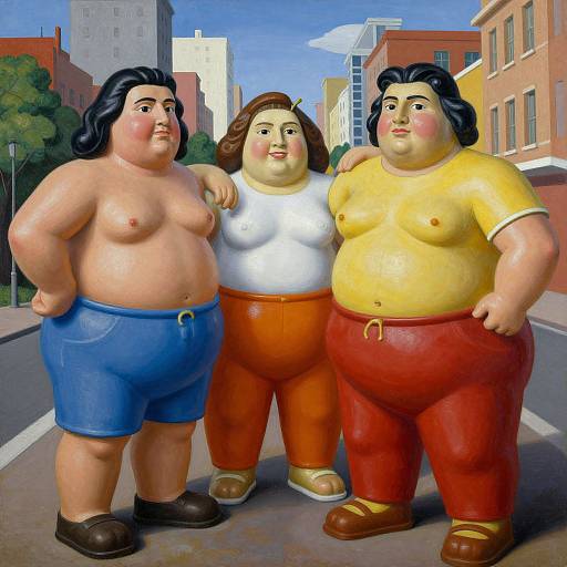 Digital painting of three obese, shirtless men with different colored pants (blue, orange, red) standing arm-in-arm on a city street.