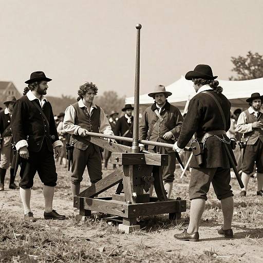 Sepia-toned photograph of four men in 18th-century attire, gathered around a wooden well pump in an outdoor historical reenactment.
