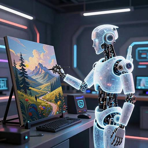 Glowing digital humanoid robot painting vibrant mountain landscape on tablet in futuristic, neon-lit workspace. High-tech, sci-fi art creation scene.