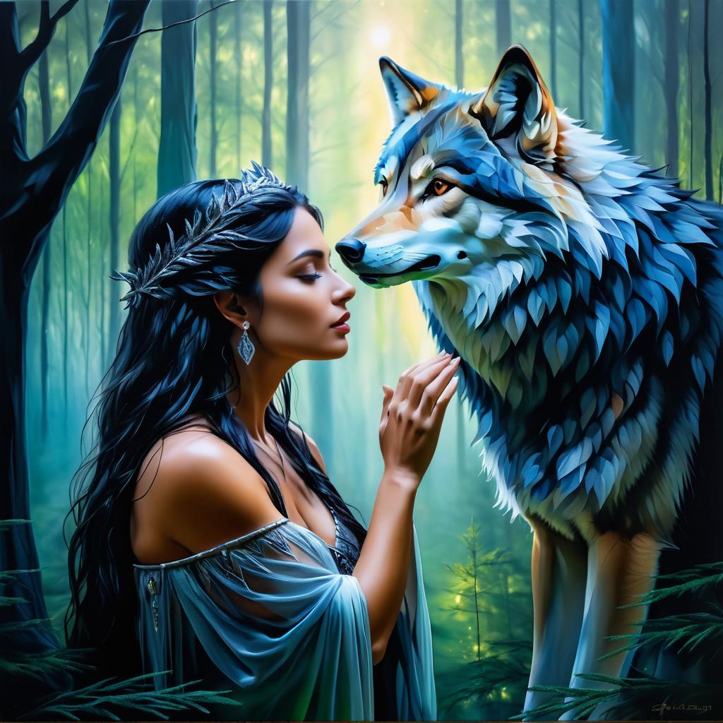 Intimate Wolf and Woman in Mystical Forest