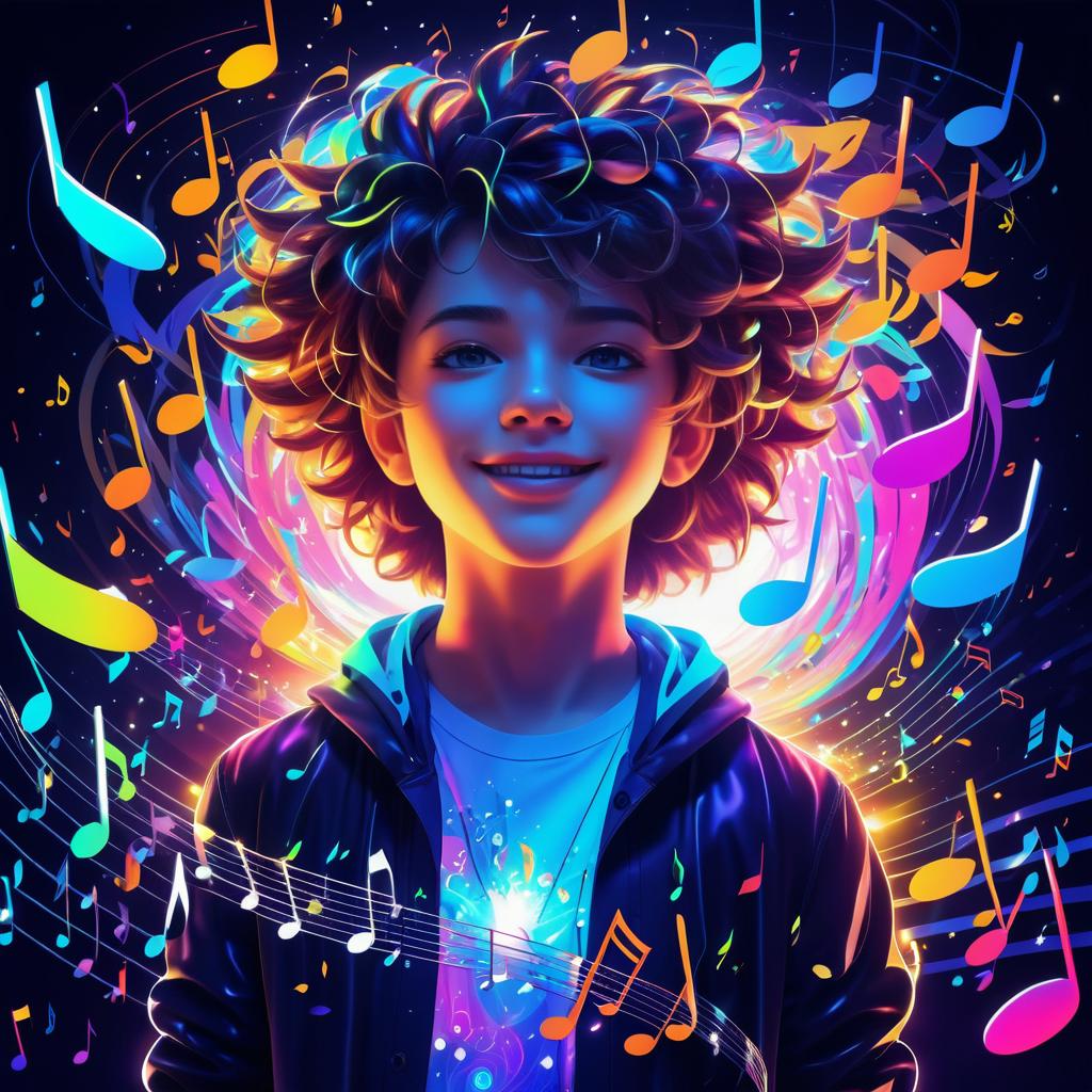 Joyful Anime Boy in Neon Music Scene