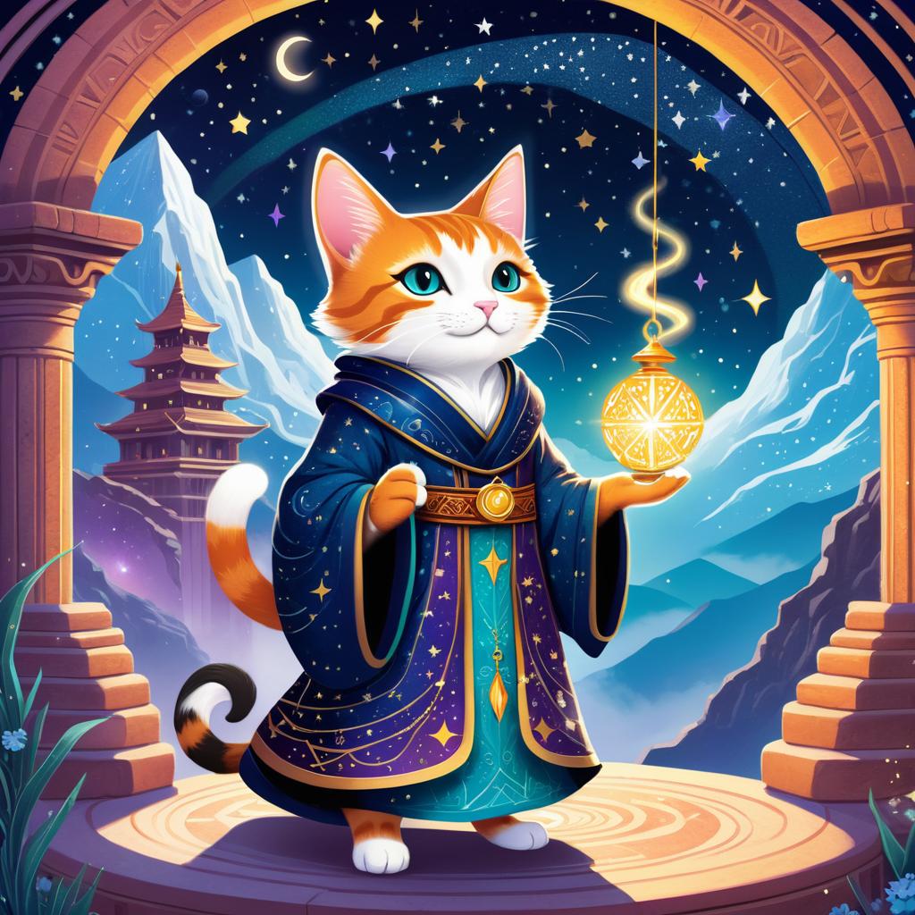 Whimsical Cat Mage in Mystic Temple