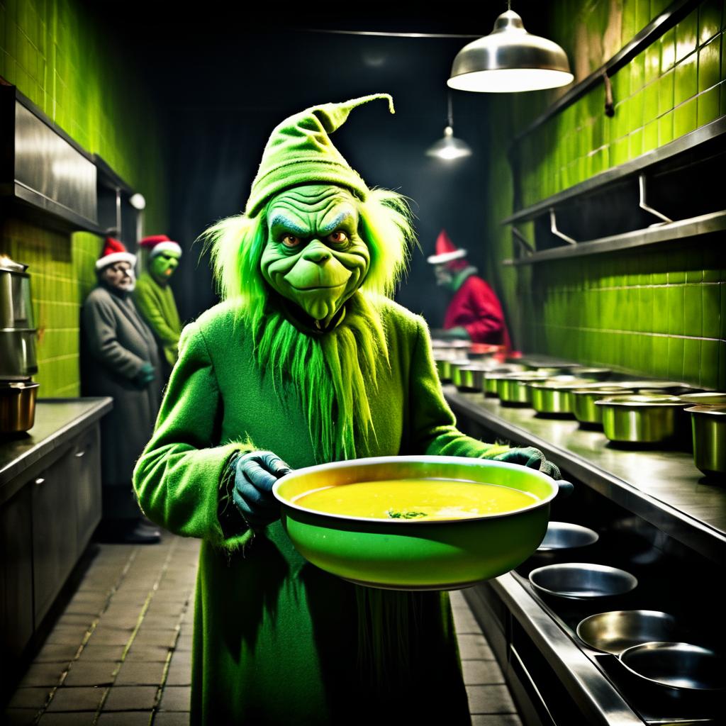 Surreal Grinch Queuing for Soup