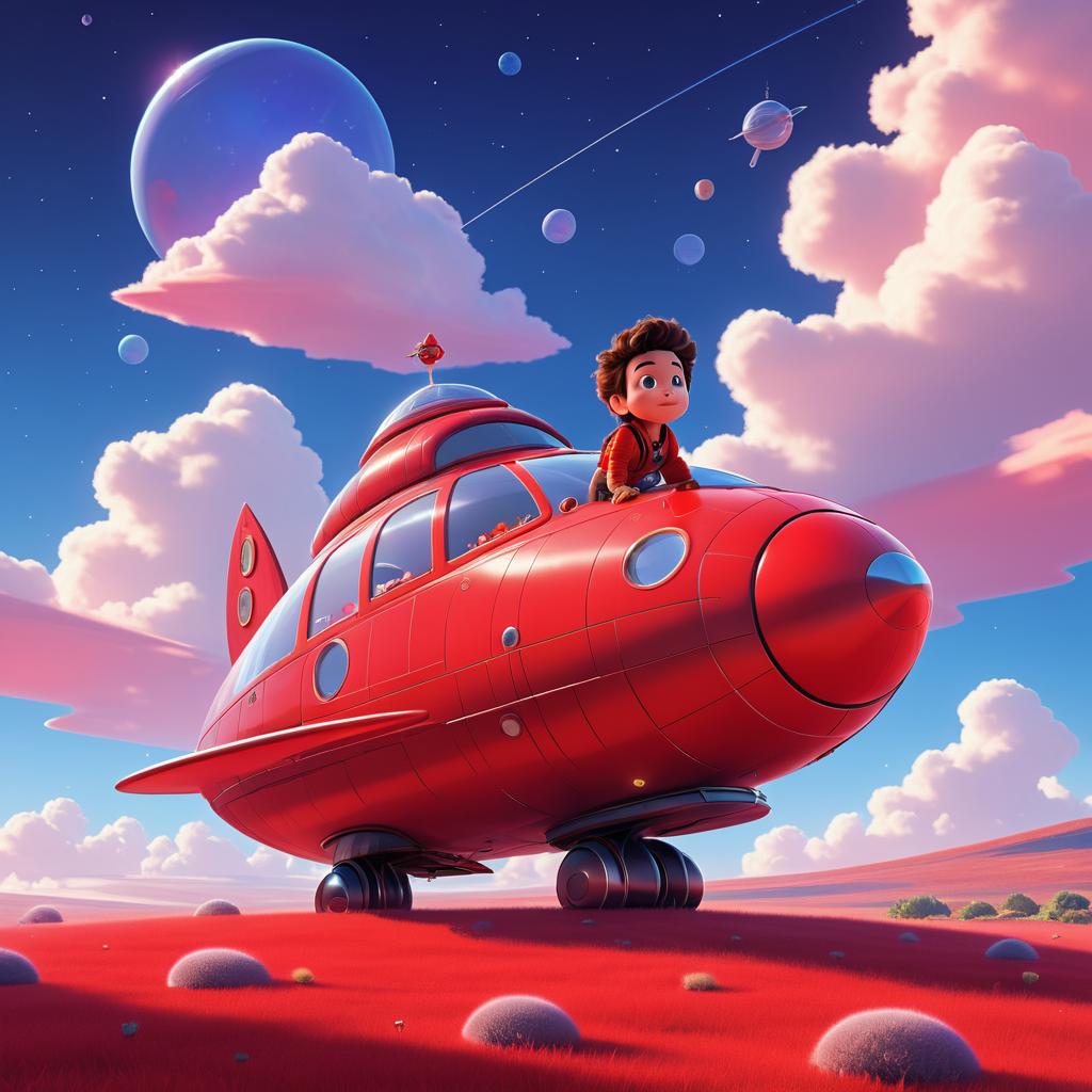 Whimsical Pixar Boy in Red Spaceship