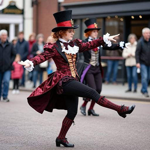 Photograph of a male performer in a red velvet, 18th-century style outfit with white gloves, black pants, and top hat, dancing on