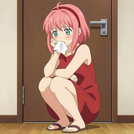 Anime-style drawing of a pink-haired girl with green eyes, wearing a red dress and sandals, squatting and sniffing a tissue in a wooden door