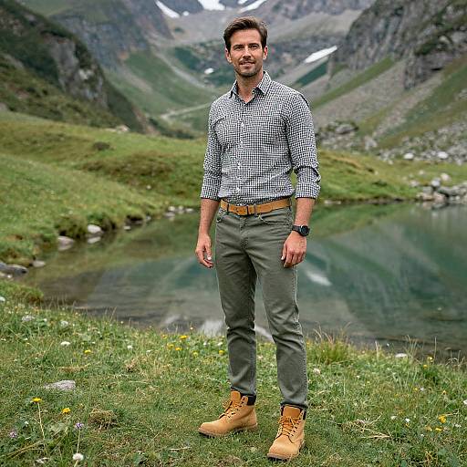 Man in Gingham Shirt in Mountain Valley