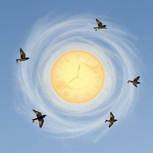 Photograph of a bright sun with a white halo, surrounded by four flying birds against a clear blue sky.