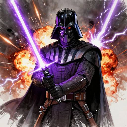 Digital artwork of Darth Vader wielding dual purple lightsabers, with explosive orange fire and lightning in the background, wearing his iconic black helmet and cape.