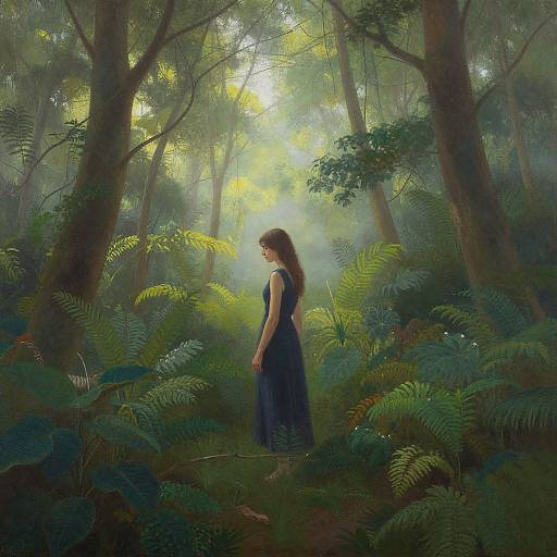 Digital painting of a woman with long brown hair in a dark blue dress, standing in a lush, sunlit forest with tall trees and vibrant green fern