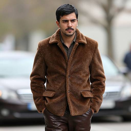 Photograph of a handsome, dark-haired man with a mustache, wearing a brown fur coat over a black shirt, standing confidently in an urban street
