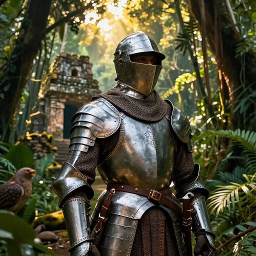 Photograph of a medieval armored knight in shining silver armor, helmeted, standing in a lush, sunlit jungle with ancient stone ruins and a bird