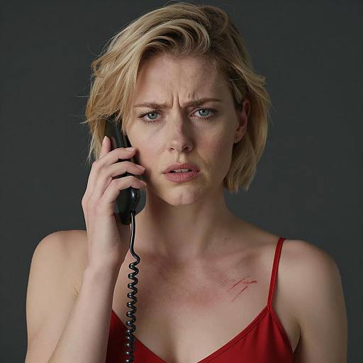 Concerned Woman Talking on Corded Phone