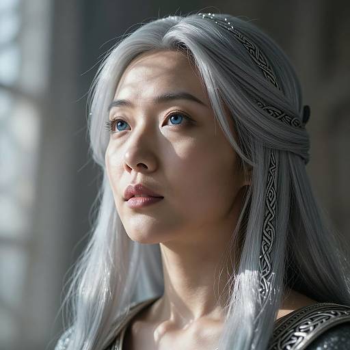 Photorealistic CGI portrait of a young woman with long, silver hair, blue eyes, and intricate hair braids, illuminated by soft sunlight.