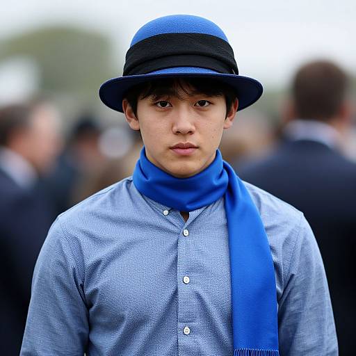 Photograph of a young Asian man with fair skin, wearing a blue scarf, black hat, and light blue button-up shirt, standing against a blurred