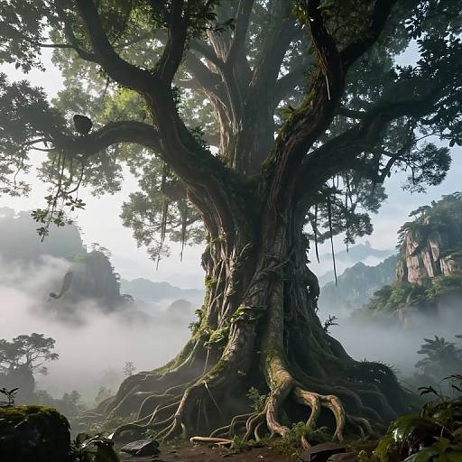 Colossal Ancient Tree in Misty Mountains