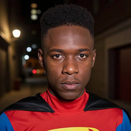 Photograph of a serious, dark-skinned Black man with short hair, wearing a red and blue superhero-style shirt, standing in a dimly lit