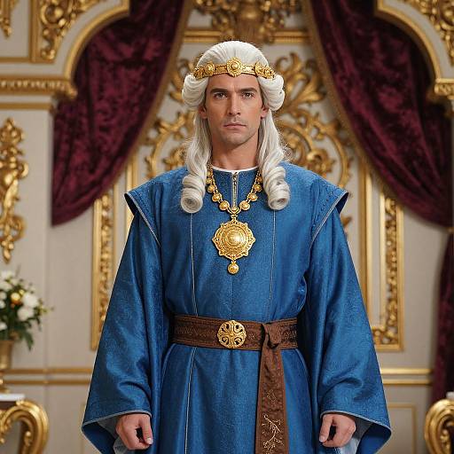 Photograph of a handsome man with white wavy hair, wearing a blue royal robe, gold crown, and ornate jewelry, standing in an op