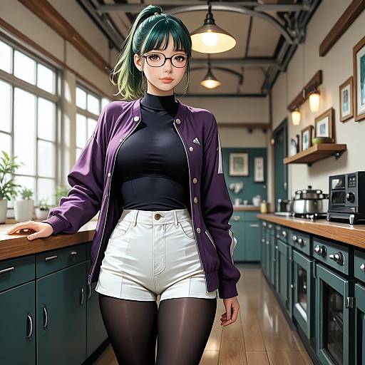 Digital art of a cute, bespectacled woman with green hair in a ponytail, wearing a purple jacket, black turtleneck, white