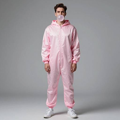Man in Pink Onesie Blowing Bubble Gum