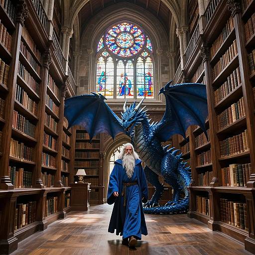 Photograph of an elderly wizard with a white beard, blue robe, and large blue dragon, walking down a library aisle with tall wooden bookshelves