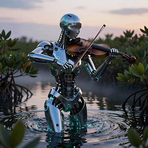 Bioluminescent Cyborg Violinist at Dusk