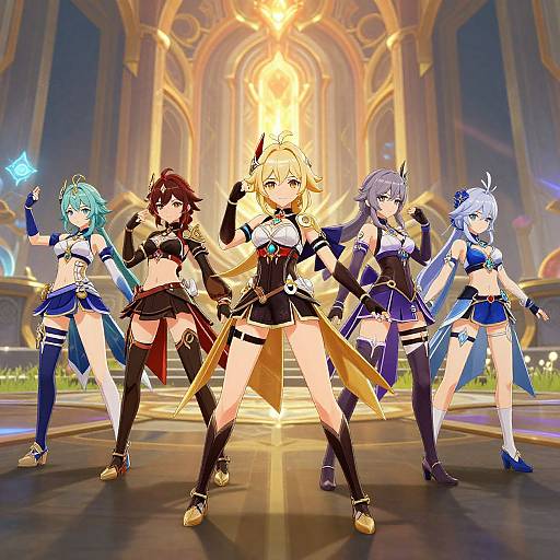 Digital artwork of four anime-style female characters in fantasy outfits, standing in a glowing, ornate hall, each holding magical weapons.
