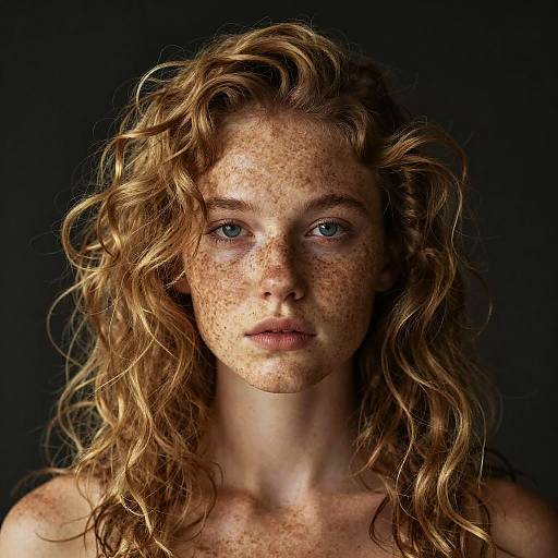 Photograph of a freckled, blue-eyed, red-haired woman with curly hair, looking directly at the camera against a dark background.
