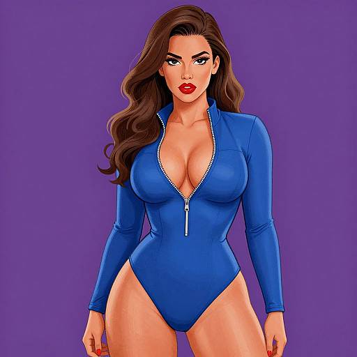 Digital illustration of a curvy woman with long brown hair, red lipstick, and blue zip-up bodysuit against a purple background.