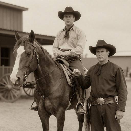Vintage Sepia Photo of Two Cowboys with Horse