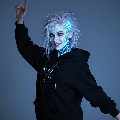 Photograph of a pale woman with wild white hair, glowing blue face paint, black hoodie, raising right hand against a blue-gray background.
